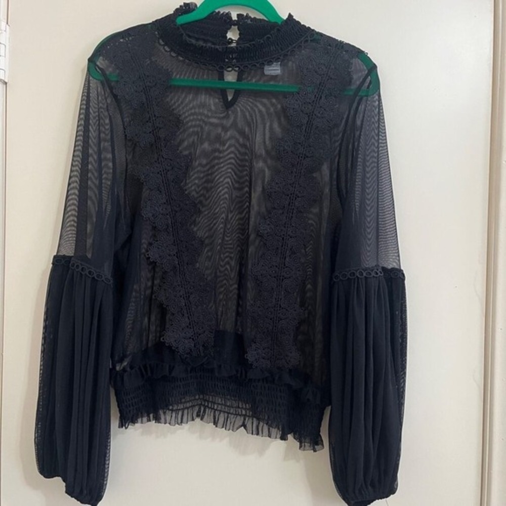 Lilian Sheer Mesh Lace Top 1XL Embroidered‎ Gothic Victorian Fairy Grunge Bishop
